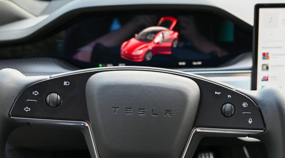 A screen and a sterling wheel of a Tesla.