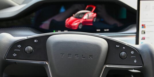 A screen and a sterling wheel of a Tesla.